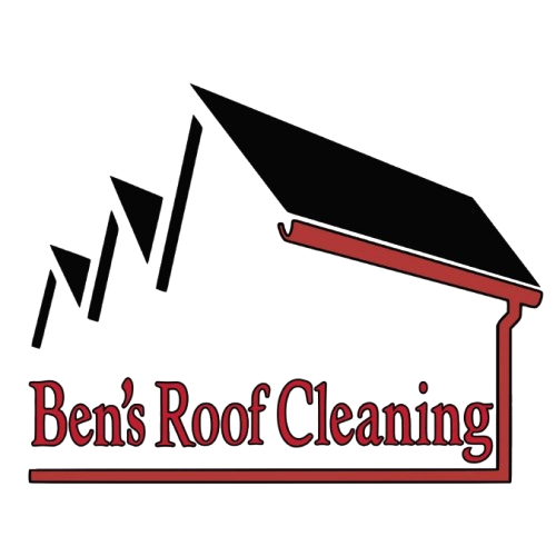 Logo for Ben's Roof Cleaning: black roof design with red gutter and text, "Ben's Roof Cleaning".