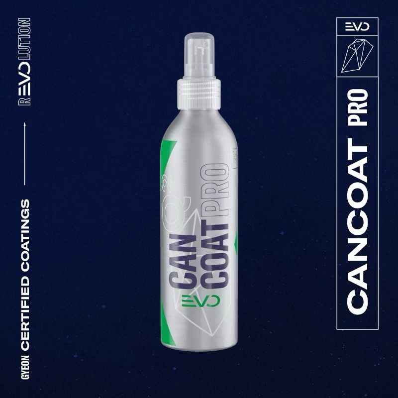 Silver CanCoat Pro spray bottle with green accents on a dark blue background, EVO branding.