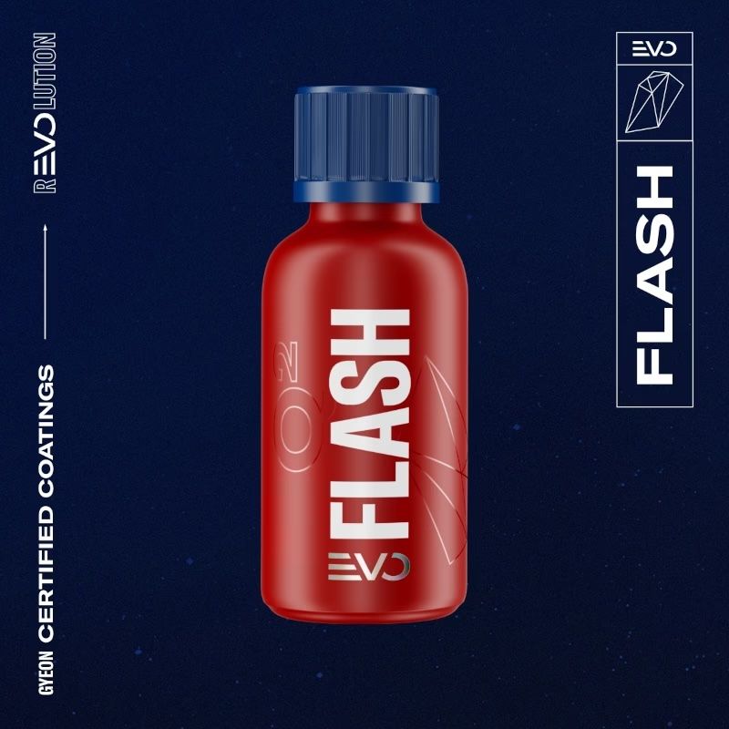 Red Flash EVO hair product bottle on a dark blue background, with vertical white text.