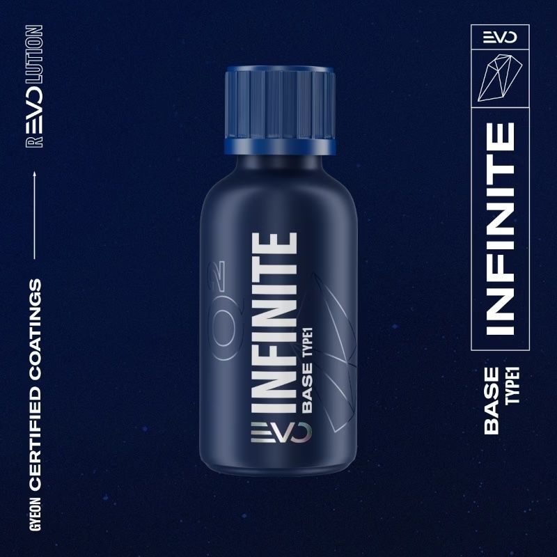 Dark blue bottle labeled “INFINITE” with EVO branding on a navy background.