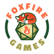 Foxfire Games logo with orange fox curled on a green hexagon and a flame icon inside