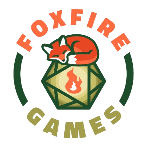 Foxfire Games logo with orange fox curled on a green hexagon and a flame icon inside