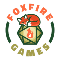 Foxfire Games logo with orange fox curled on a green hexagon and a flame icon inside