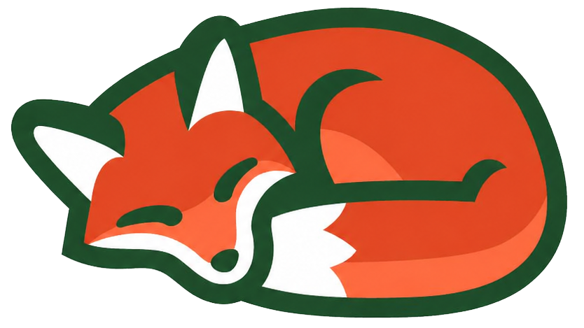Sleeping orange fox logo with green outline and white tail tip