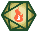 Stylized green hexagon emblem with a red flame icon in the center