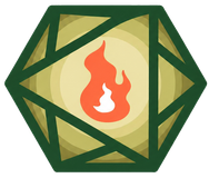 Stylized green hexagon emblem with a red flame icon in the center