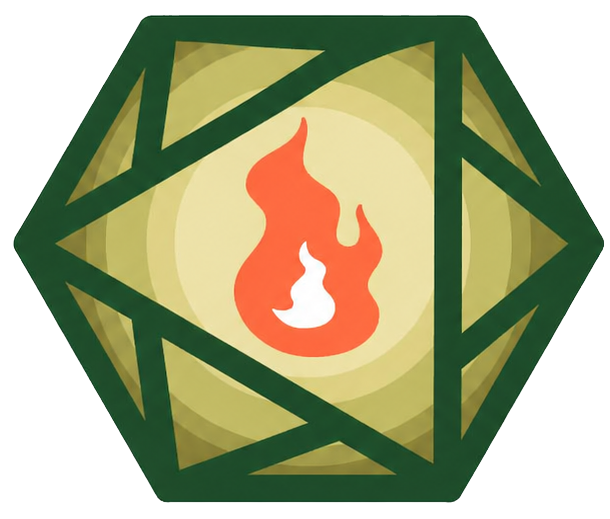 Stylized green hexagon emblem with a red flame icon in the center