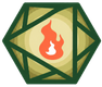 Stylized green hexagon emblem with a red flame icon in the center