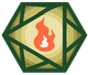 Stylized green hexagon emblem with a red flame icon in the center