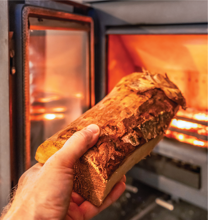 A person is holding a log in front of a fireplace.