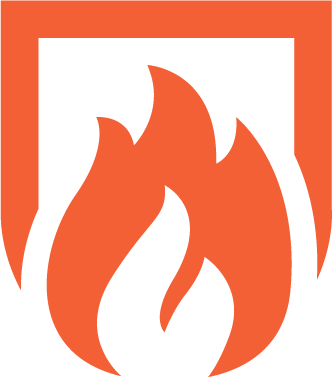 An orange and white logo with a flame in the middle