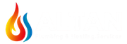 Logo with flame graphic in orange, red, and blue with white text.