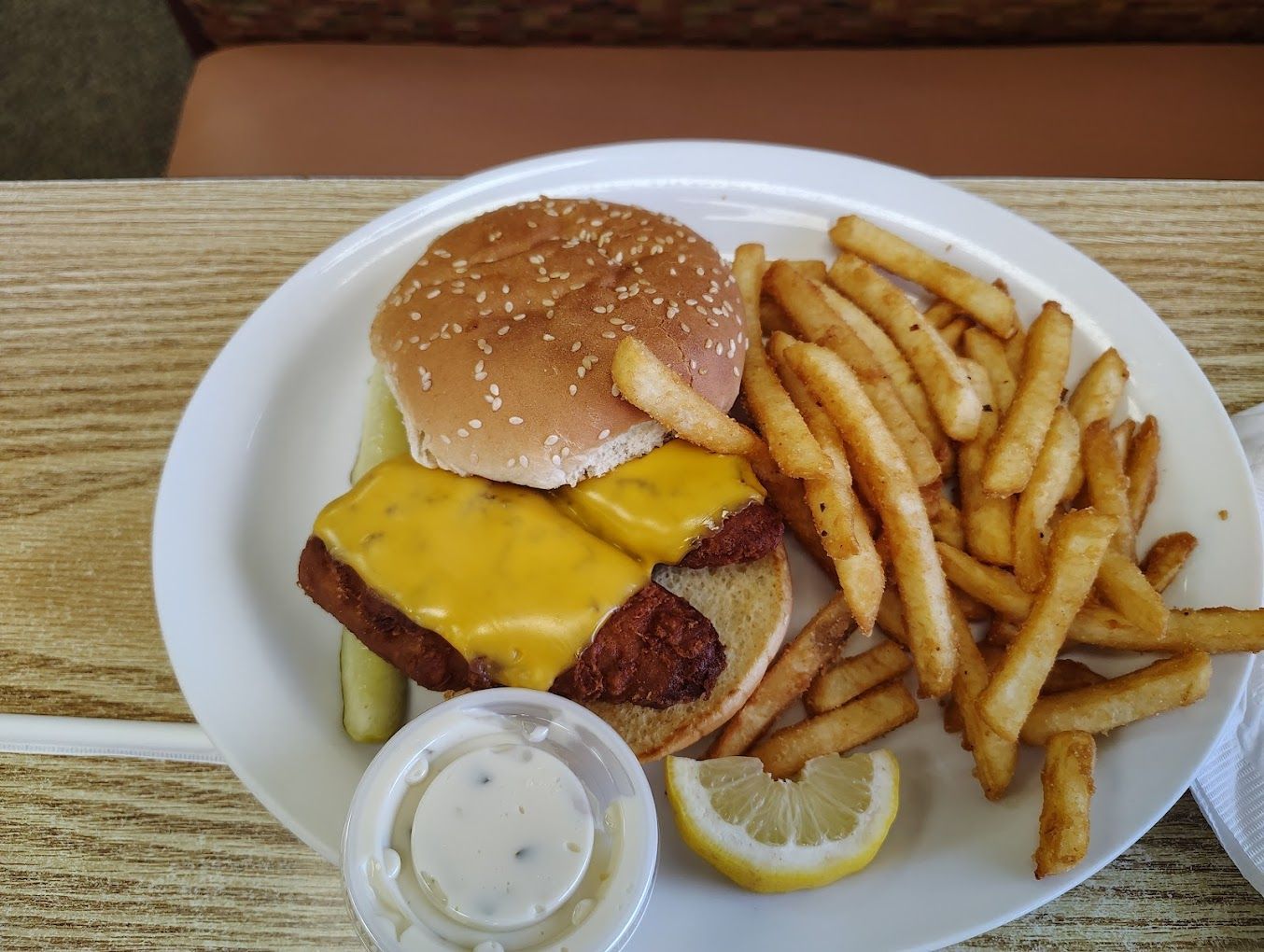 Cheeseburger with fries and dipping sauce on a white plate