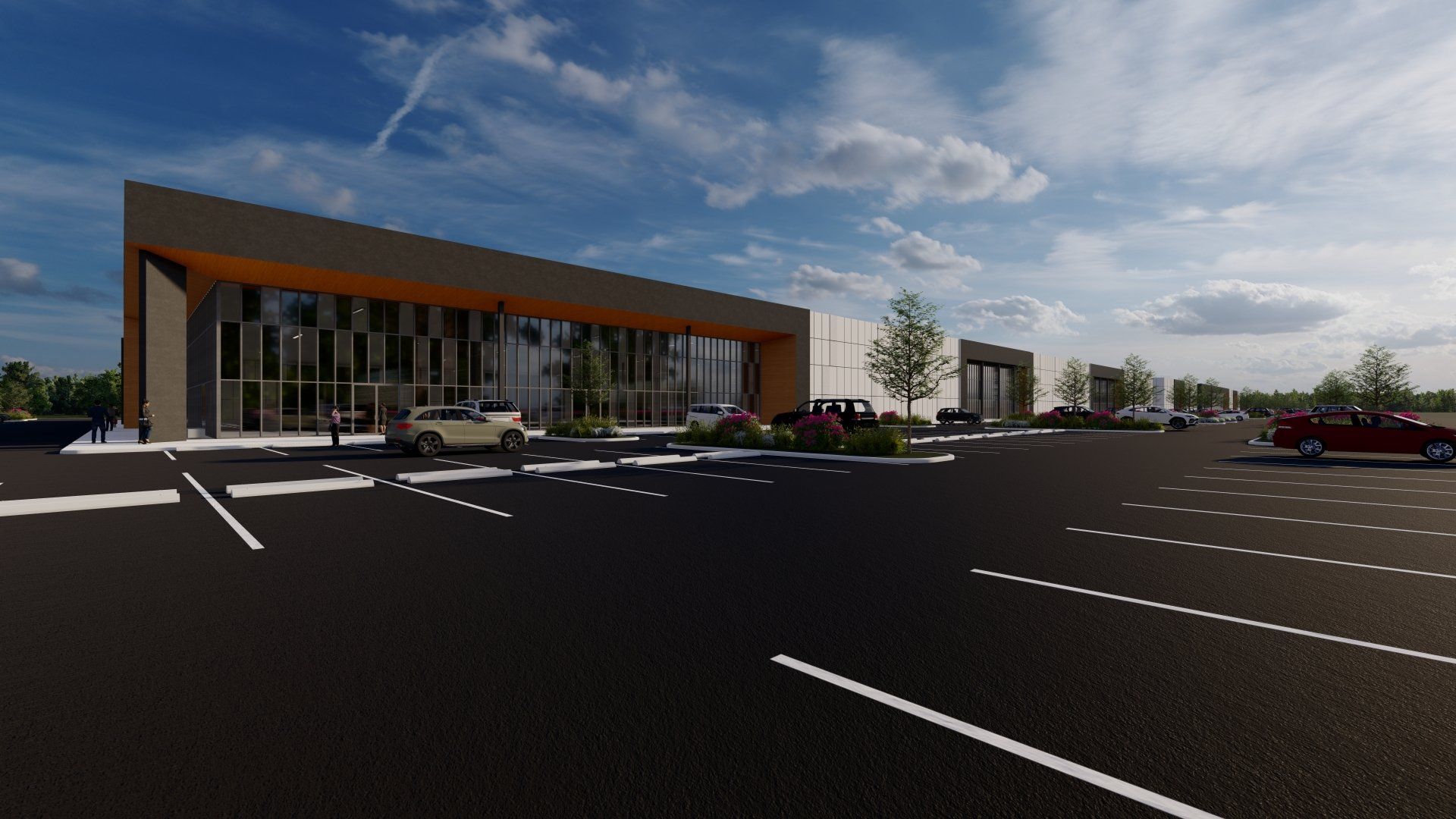 An artist 's impression of a large building with cars parked in front of it.