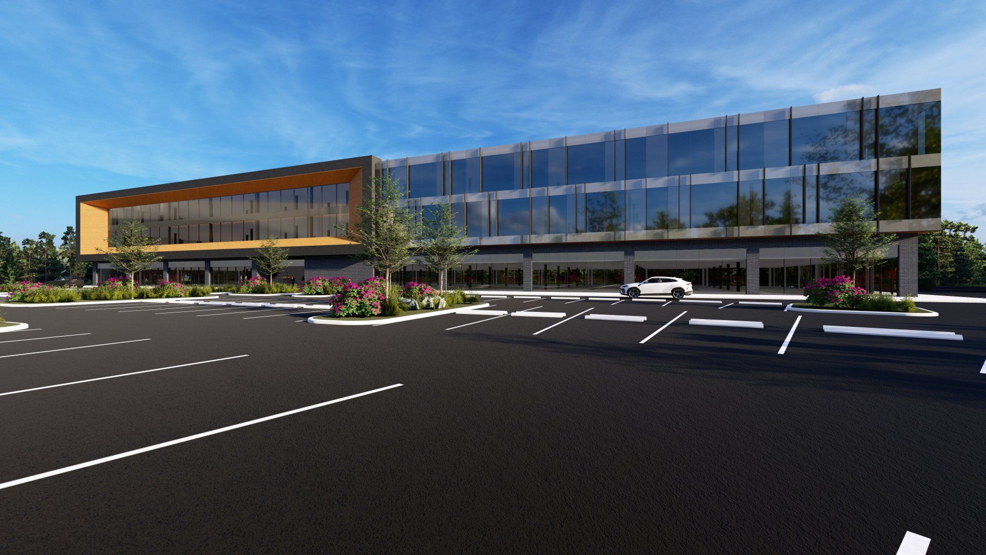 An artist 's impression of a large building with a parking lot in front of it.