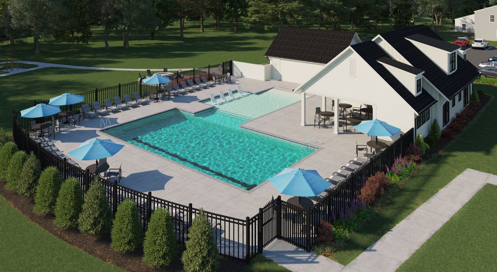 An aerial view of a large swimming pool surrounded by umbrellas and chairs.