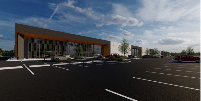 A rendering of a building with cars parked in front of it.