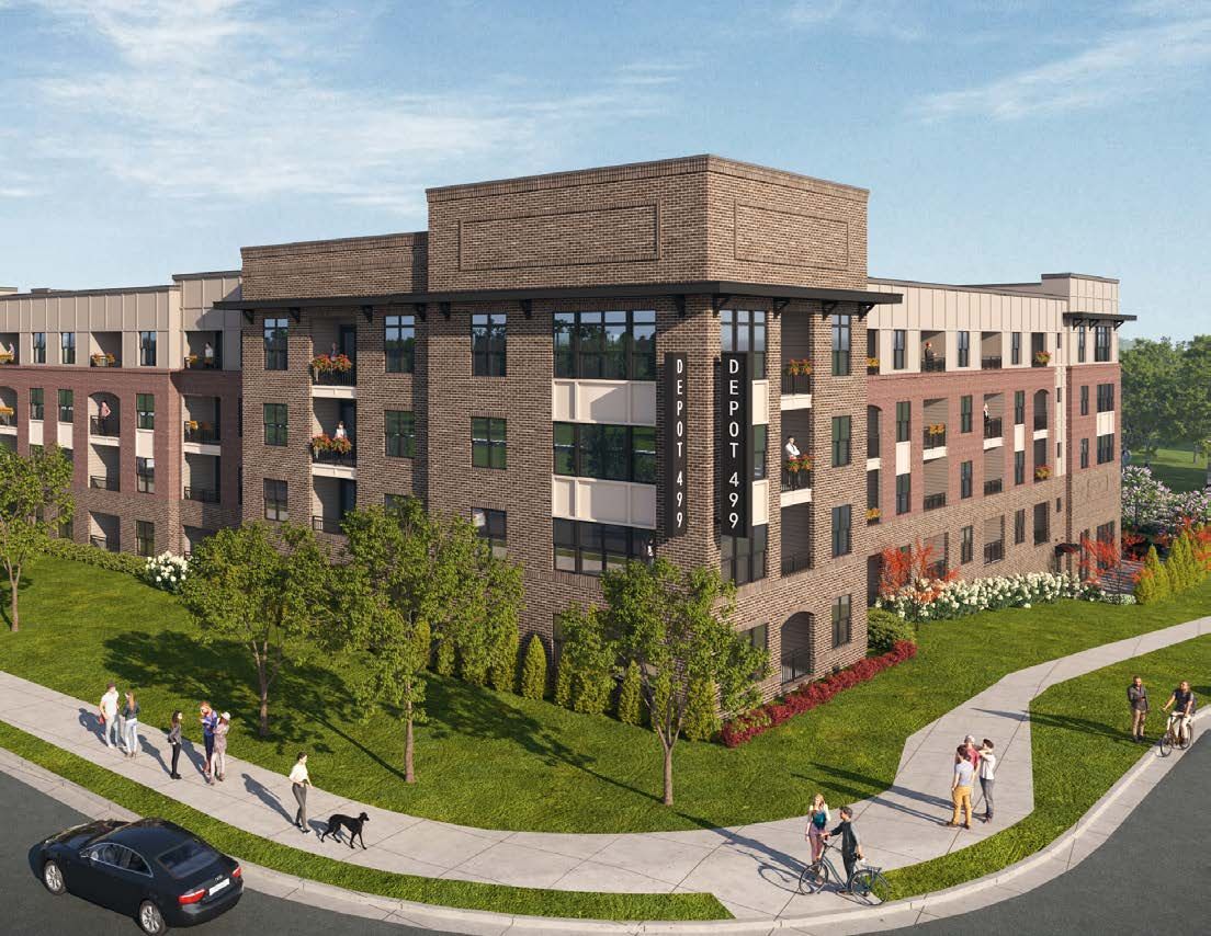 An artist 's impression of a large brick building with a car parked in front of it.