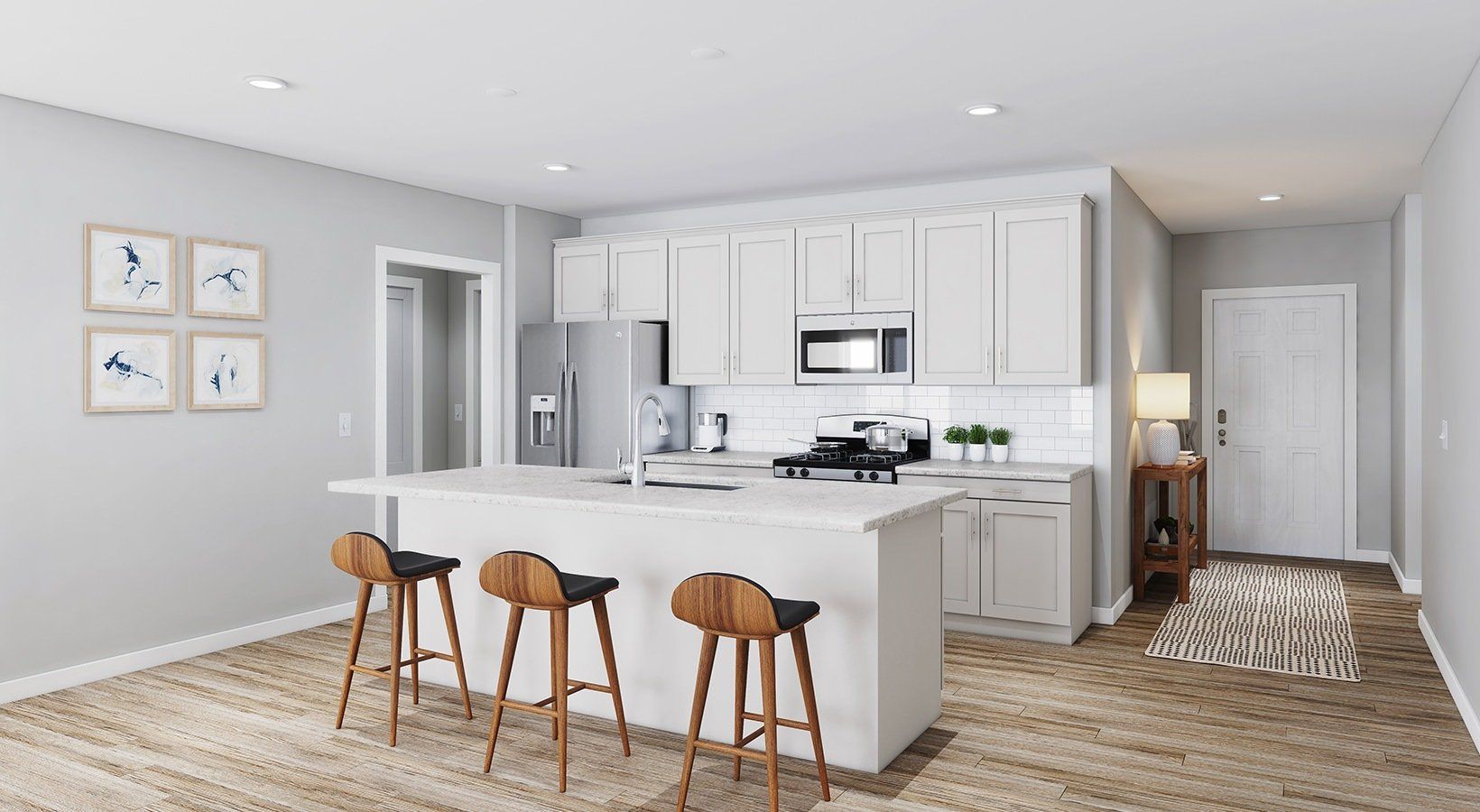 An artist 's impression of a kitchen with white cabinets and stools.