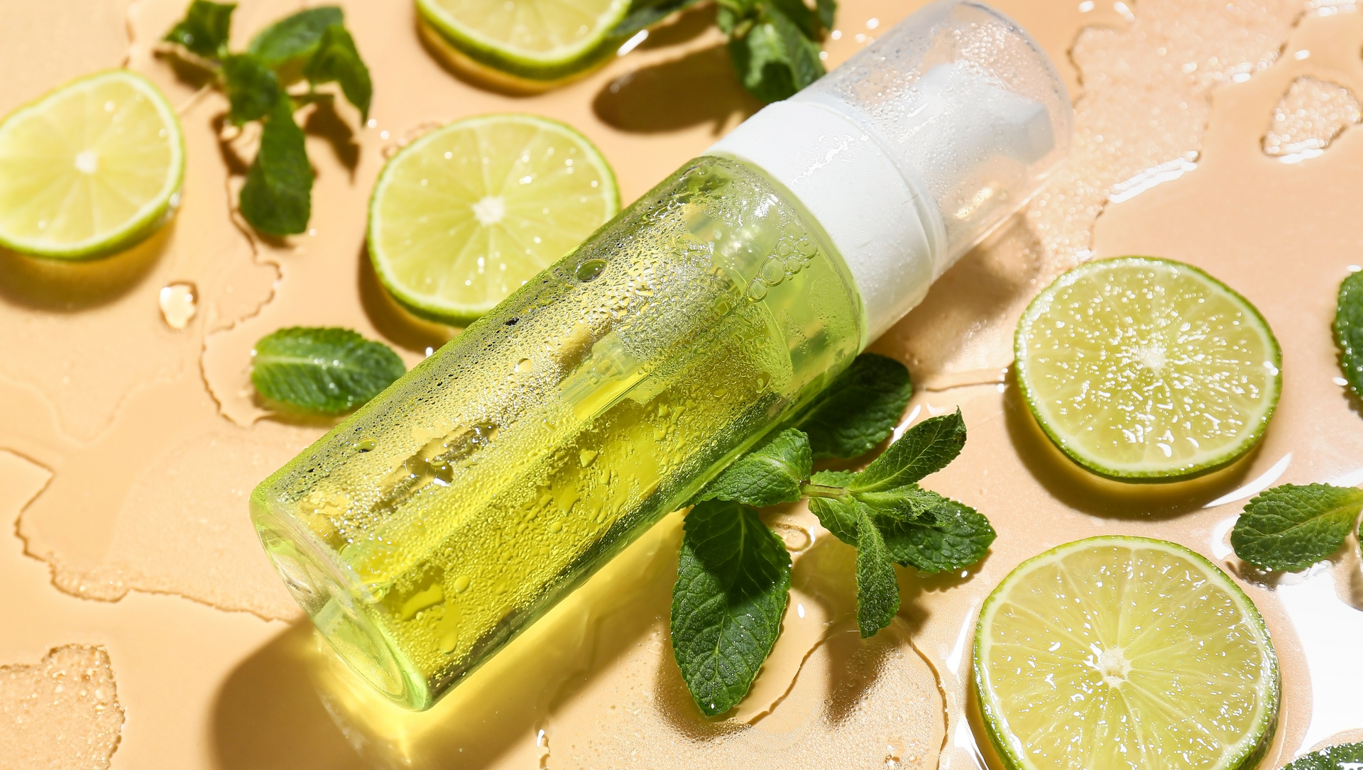 Photo of a cosmetic bottle with green liquid product , lime slices surrounding the bottle