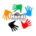 Logo per Clean Hands Cleaning Services con impronte di mani colorate in arancione, verde, blu, nero e rosso