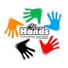 Logo per Clean Hands Cleaning Services con impronte di mani colorate in arancione, verde, blu, nero e rosso