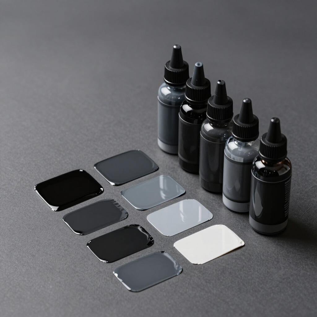 Cinco frascos con cuentagotas y ocho muestras de color brillantes en negro, gris y blanco sobre un fondo gris