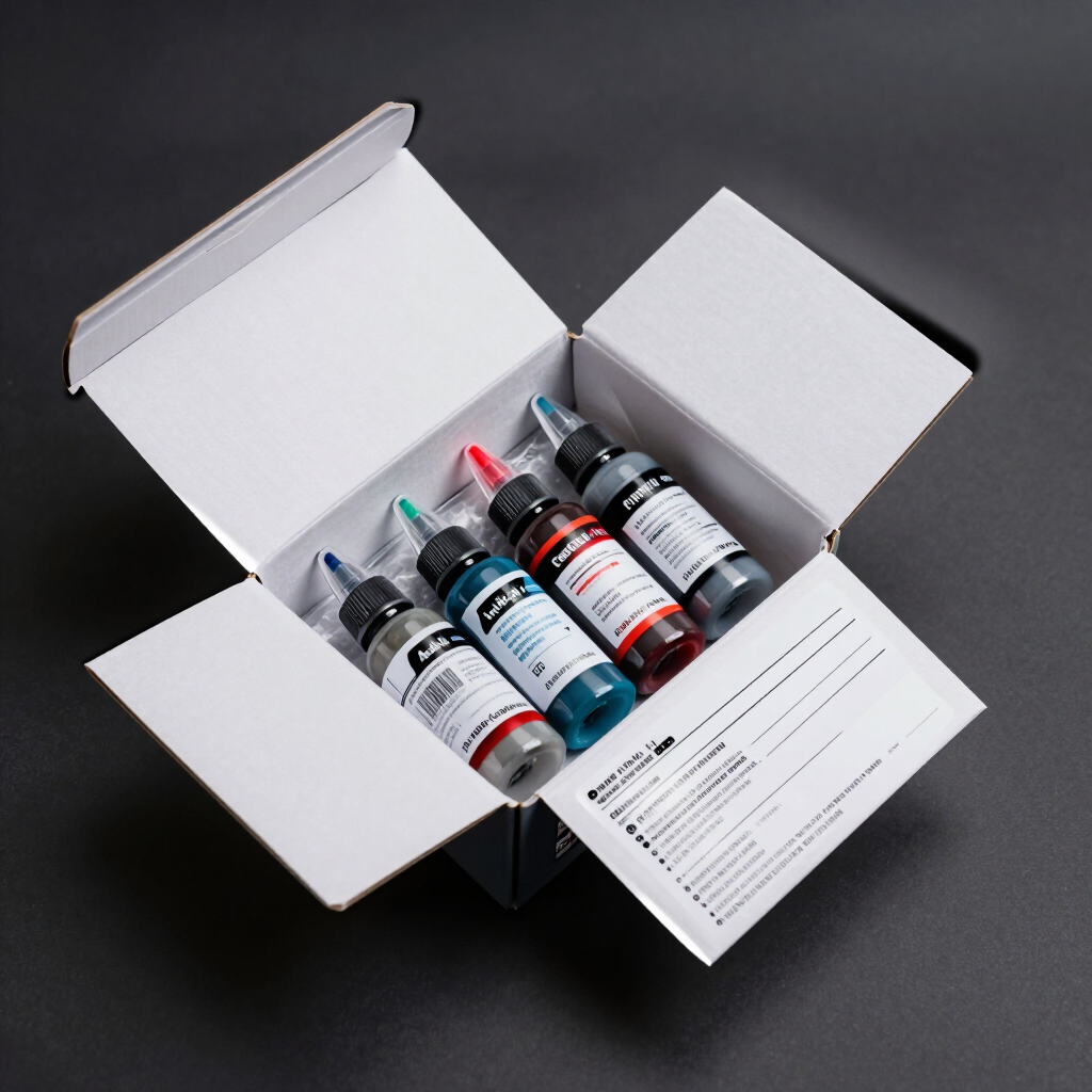 Caja abierta con cuatro frascos etiquetados y un folleto de instrucciones plegado sobre una superficie oscura