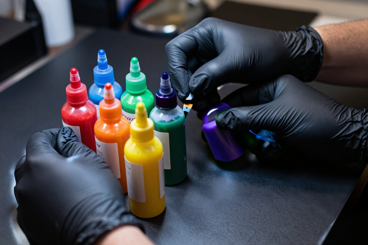 Manos con guantes negros rellenando frascos de tinta de colores sobre una mesa de trabajo oscura