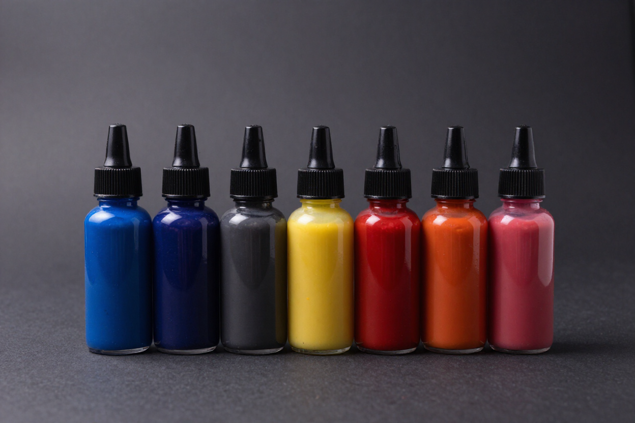 Siete frascos pequeños con cuentagotas en azul, azul oscuro, negro, amarillo, rojo, naranja y rosa sobre un fondo oscuro