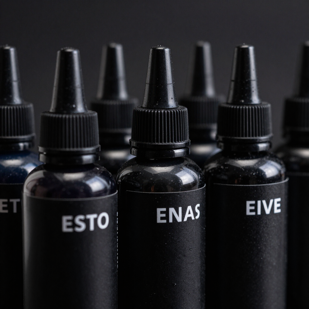 Frascos cuentagotas negros con etiquetas blancas alineados sobre un fondo oscuro.