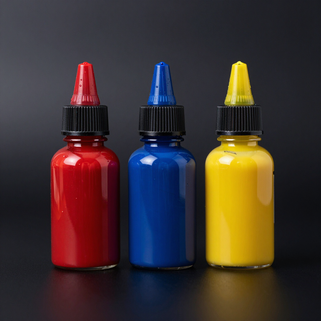 Tres botellas exprimibles de pintura roja, azul y amarilla sobre un fondo oscuro