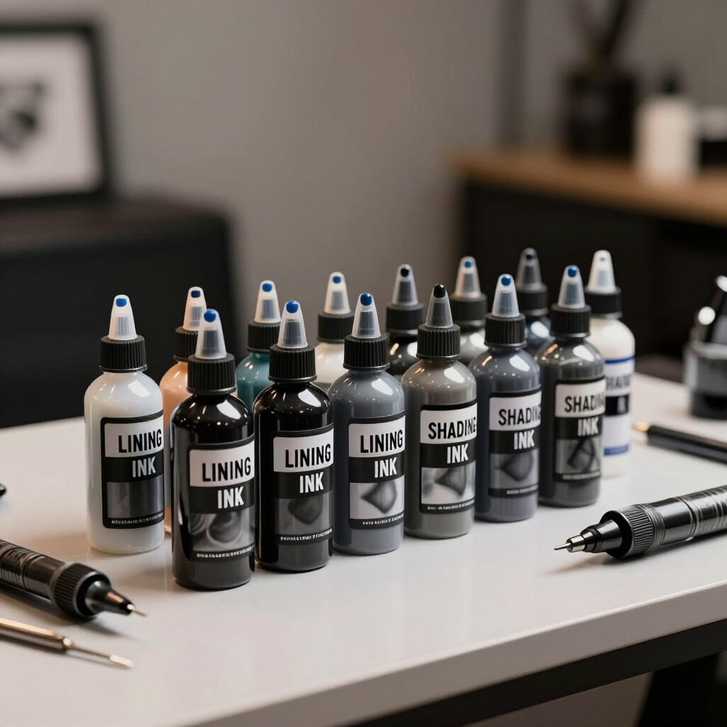 Varias botellas de tinta negra para tatuajes sobre un escritorio, con agujas para tatuar en primer plano.