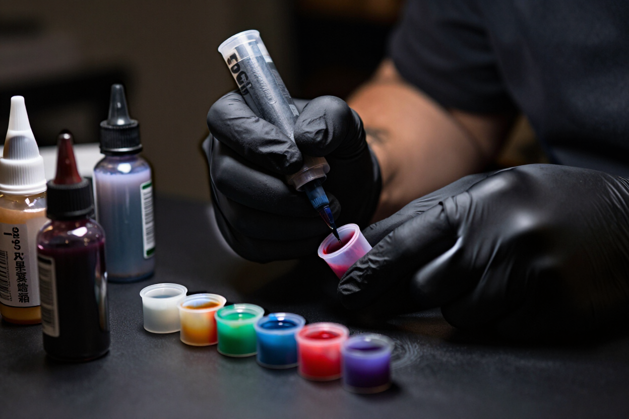 Manos enguantadas tatuando un diseño pequeño, con vasos de tinta de colores alineados sobre una mesa oscura