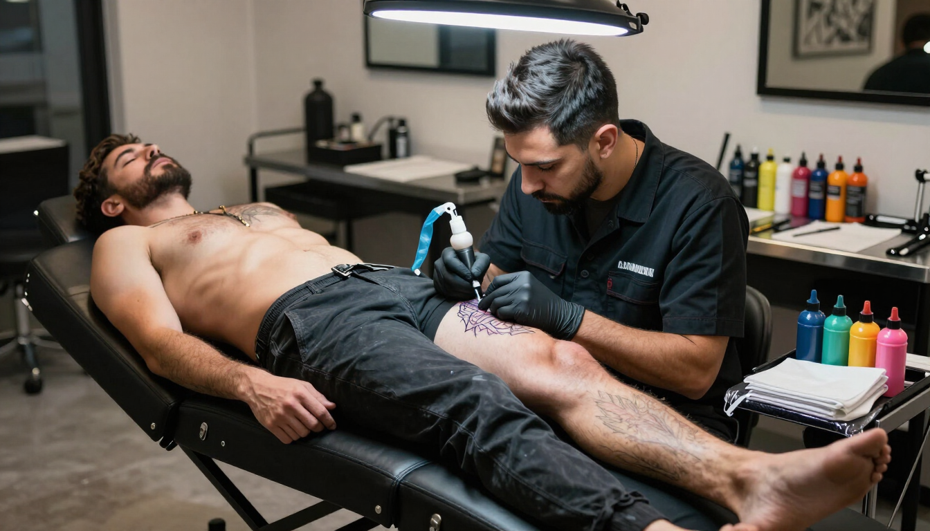 Un tatuador trabaja en la parte inferior de la pierna de un cliente reclinado en un estudio de tatuajes.