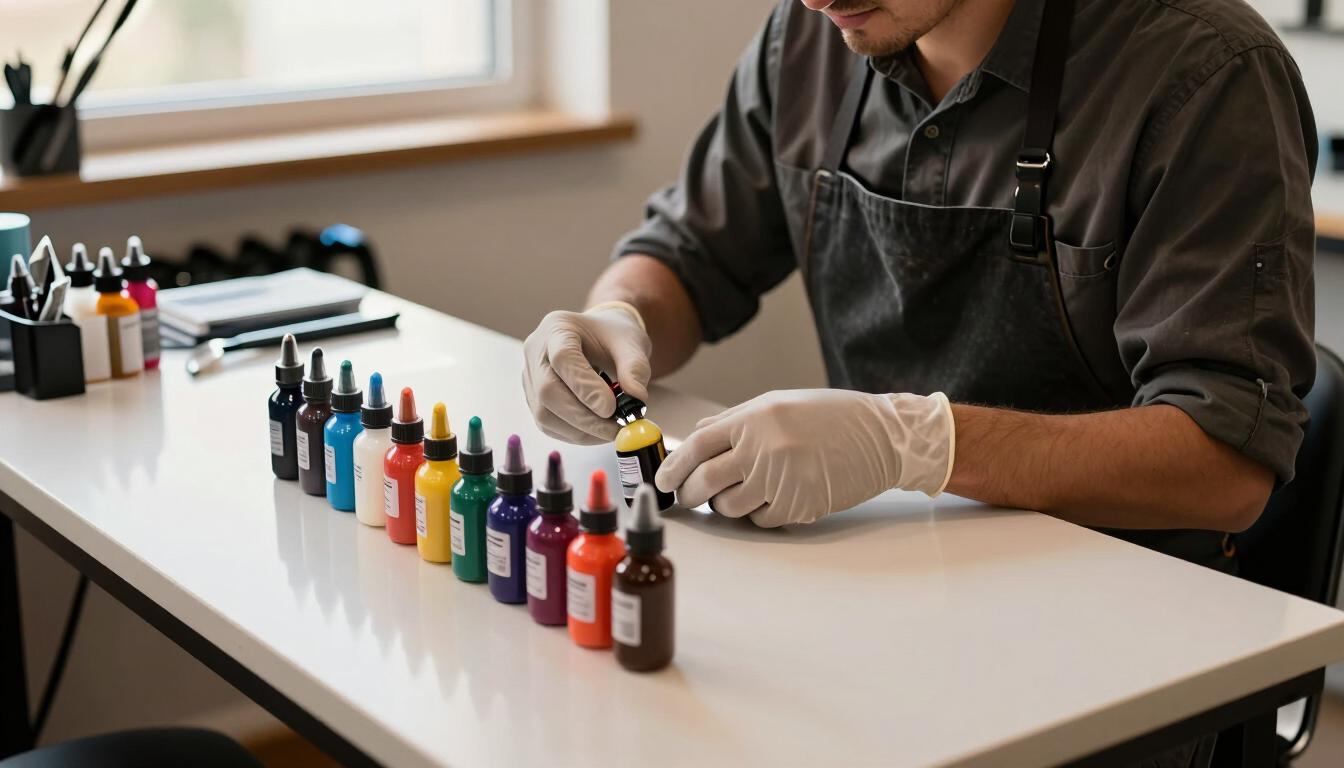 Persona con guantes llenando frascos pequeños con líquido en una mesa de trabajo cubierta de botellas de colores