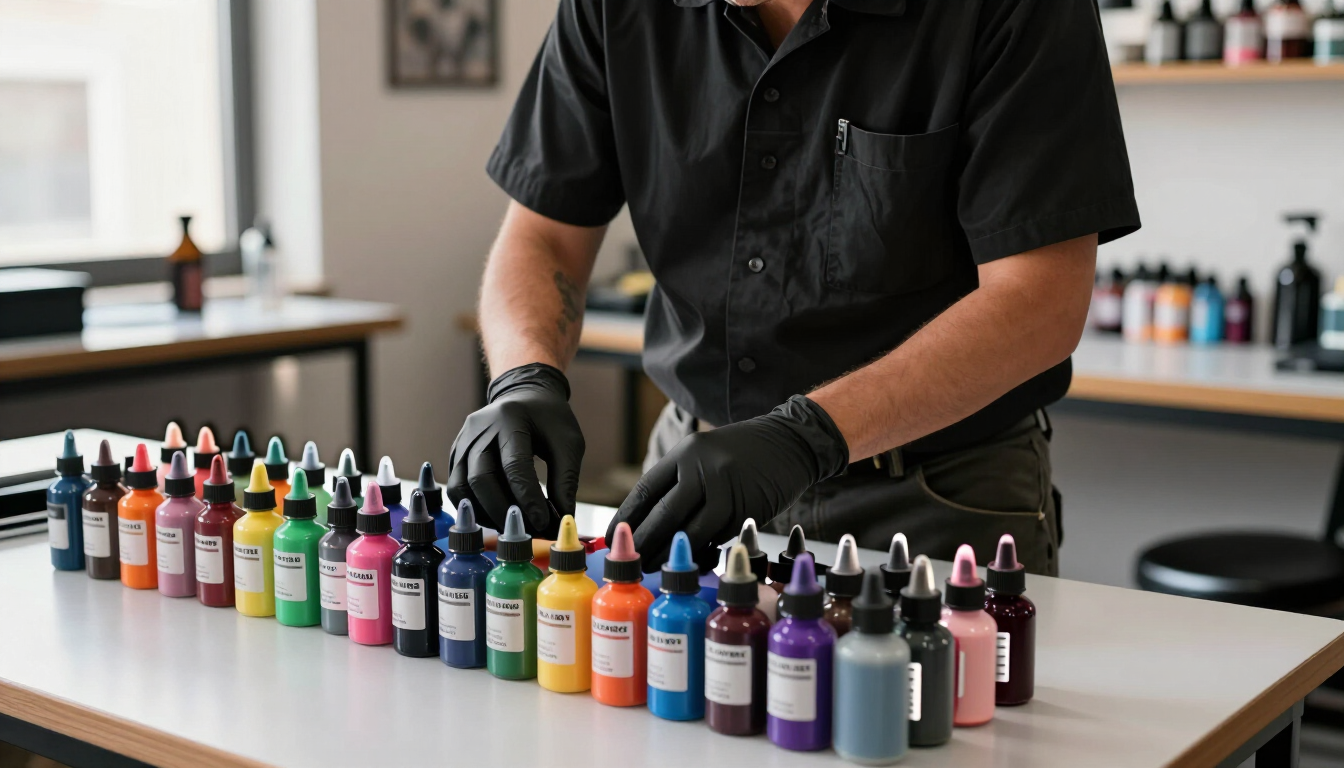 Una persona con guantes organiza hileras de frascos de tinta de colores sobre una mesa de un estudio de tatuajes