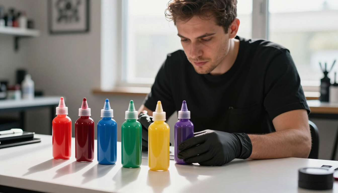 Una persona coloca botellas de pintura de colores sobre una mesa en un estudio luminoso