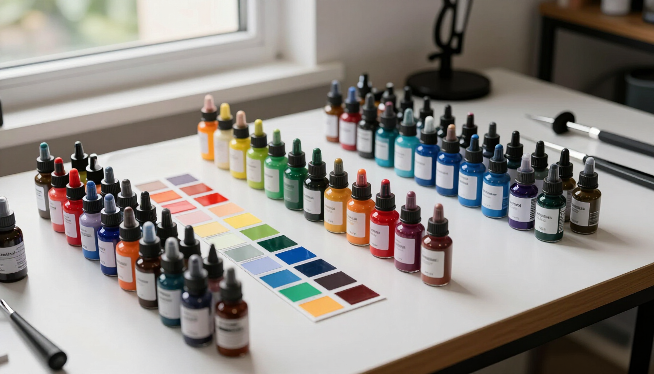 Botellas de tinta para tatuaje profesional organizadas en un estudio