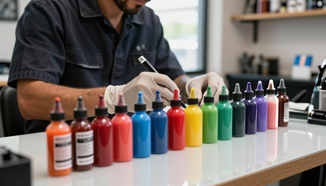 Artista de tatuaje preparando tintas profesionales