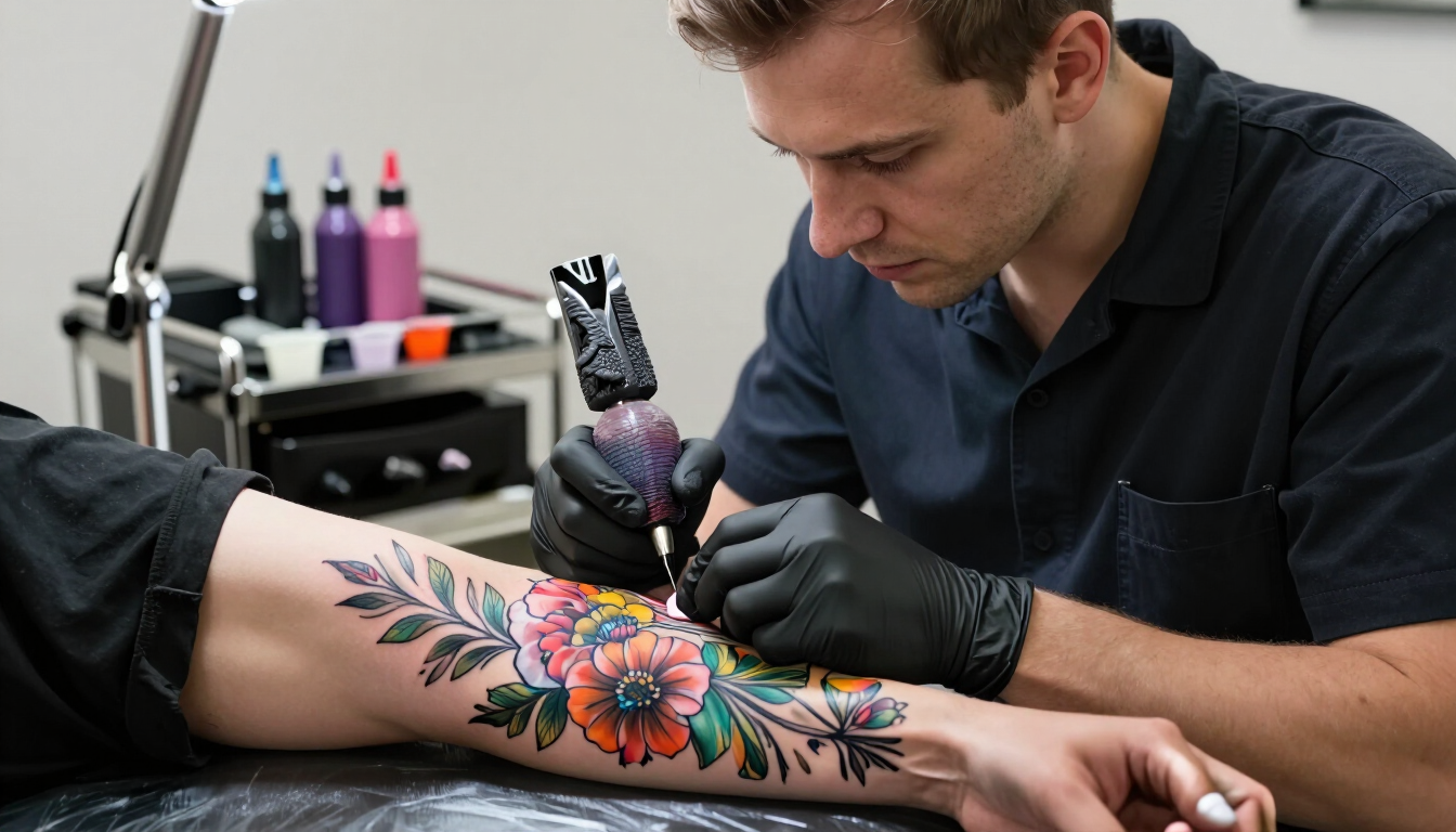 Tatuador aplicando color en un diseño botánico
