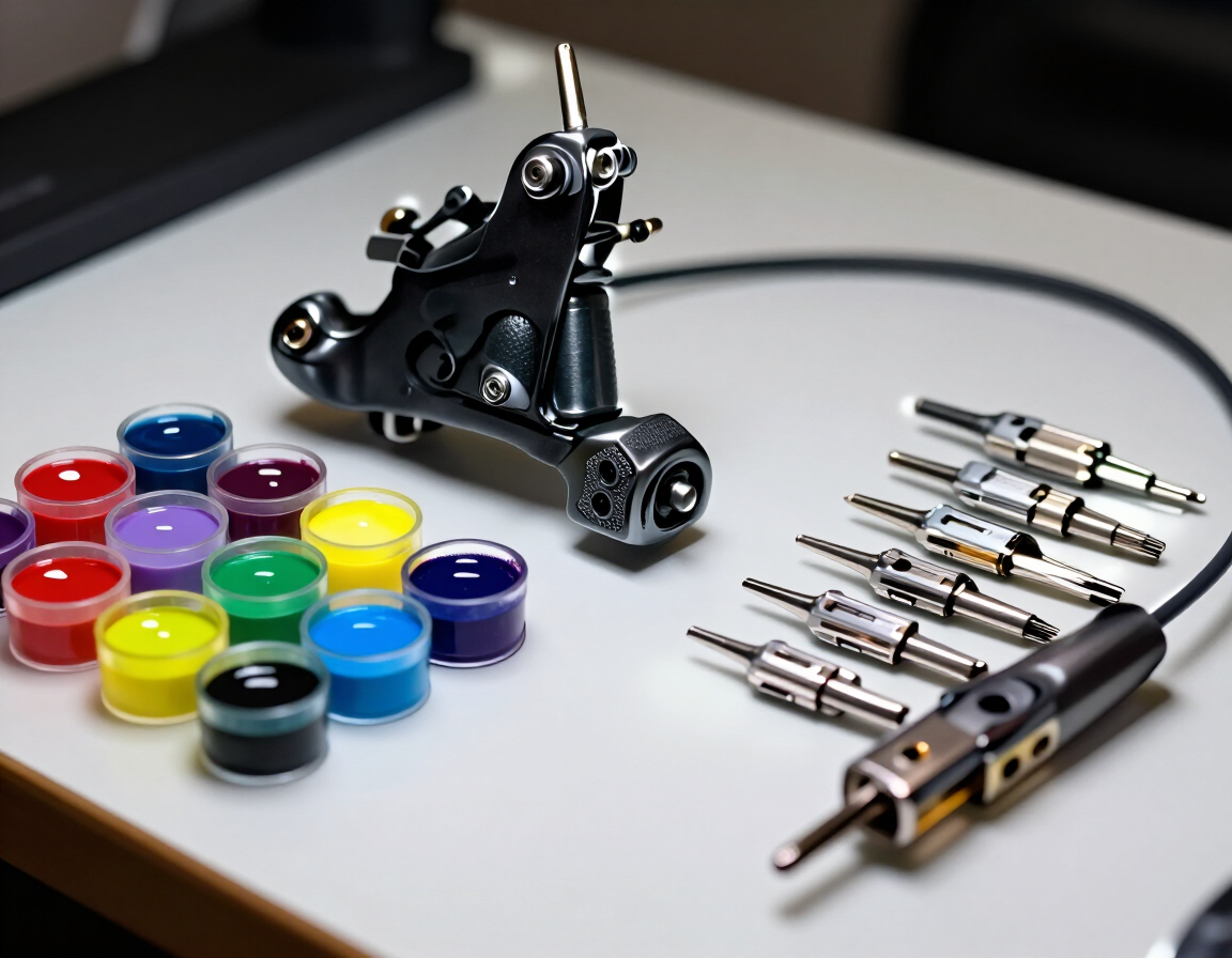 Paleta de tintas para tatuajes coloridas junto a agujas y máquina