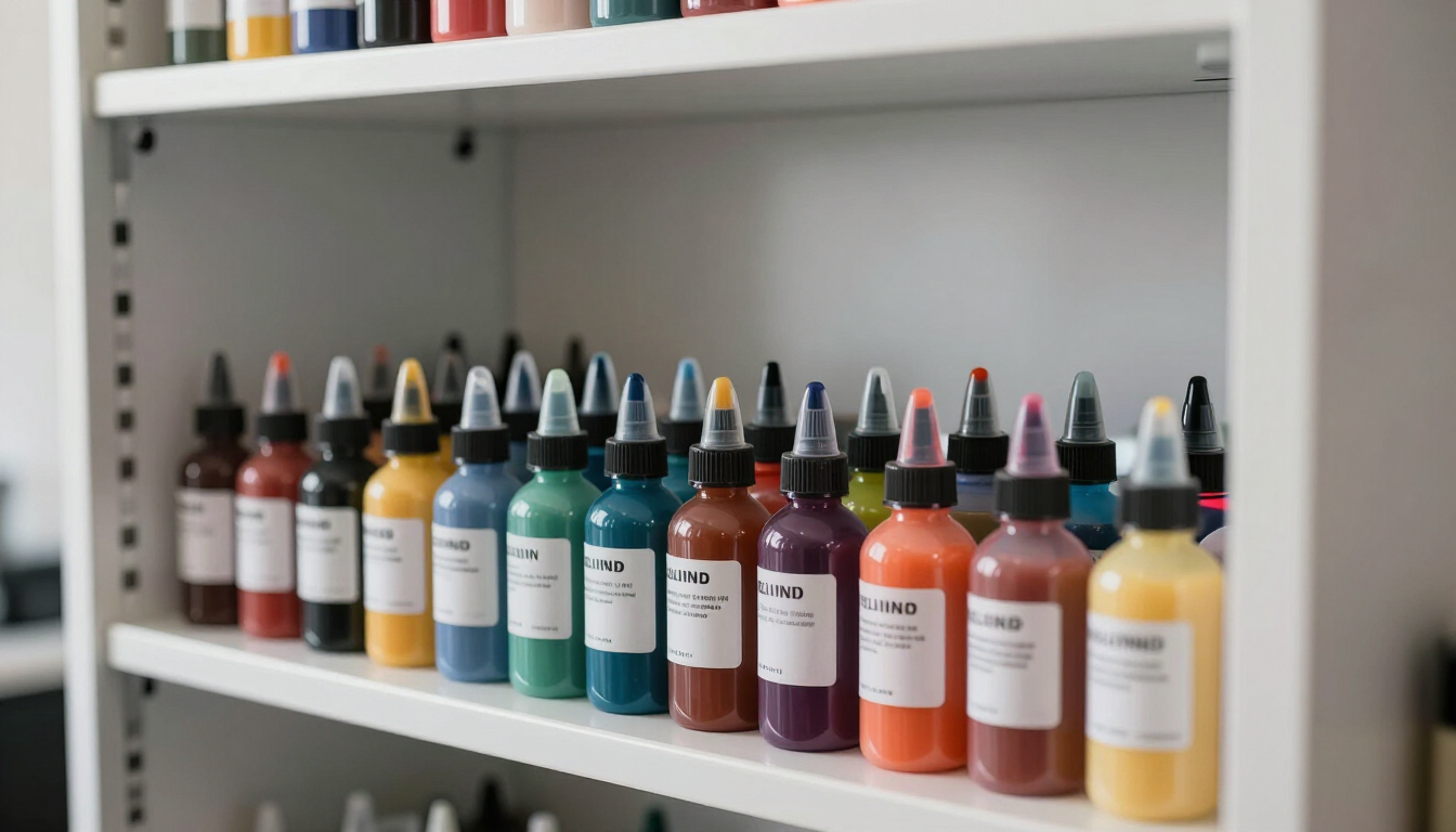 Tintas para tatuaje organizadas en un estudio profesional