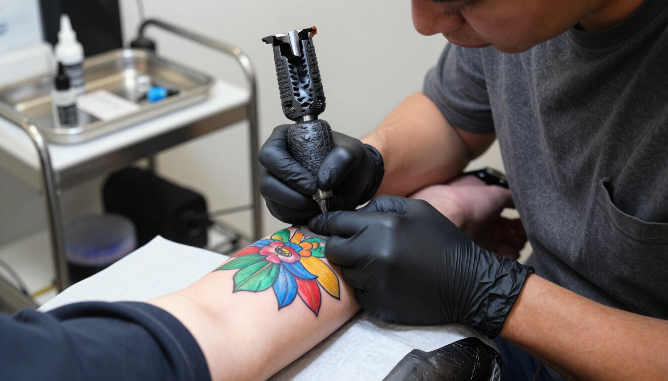 Un tatuador coloreando un tatuaje de una flor multicolor en el antebrazo de un cliente en un estudio
