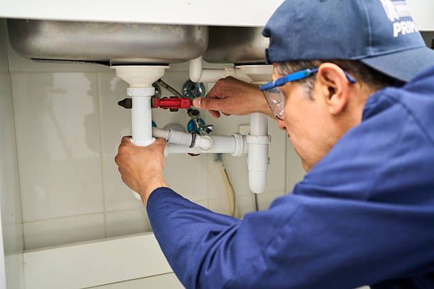 Plumber repairing pipes under a sink with a wrench in a tiled bathroom