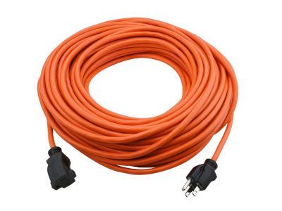 An orange extension cord with black plugs on a white background