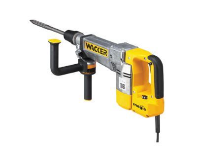 A yellow and gray hammer drill on a white background.