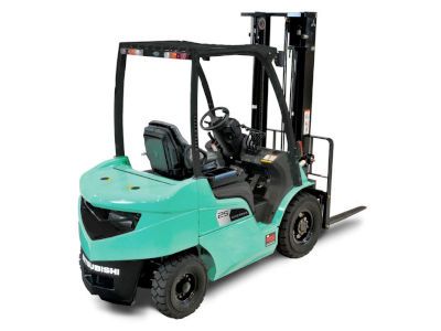 A green forklift is parked on a white background.