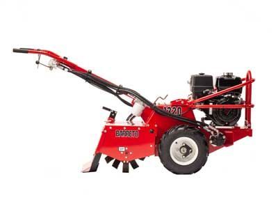 A red lawn mower with a gas engine on a white background.