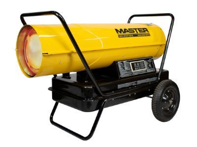 A yellow and black master heater with wheels on a white background.